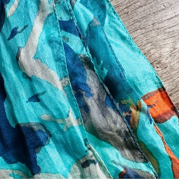Turquoise Orange Abstract Silk Scarf 65x40 Machine Stitched - Picture 2 of 2